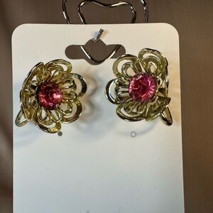 Vintage Coro Gold Flower Earrings with Pink Center